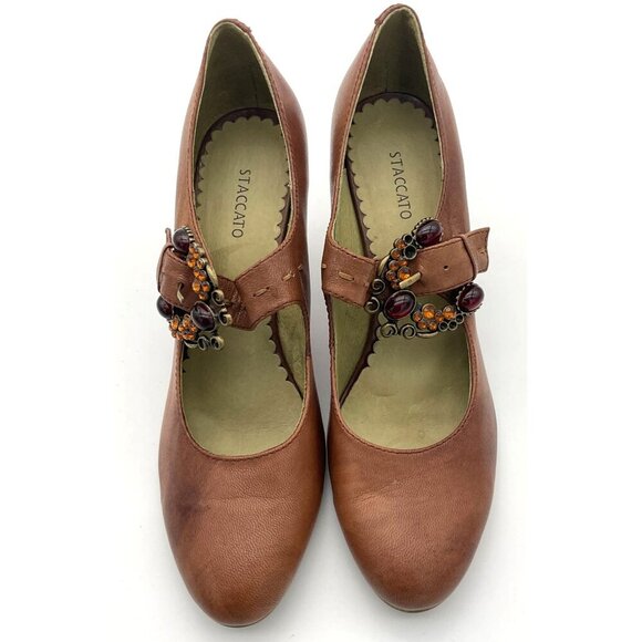 Staccato Soft Brown Leather Pumps Decorative Gemstone Buckle & Woodtone Heel 7.5 - Picture 1 of 11